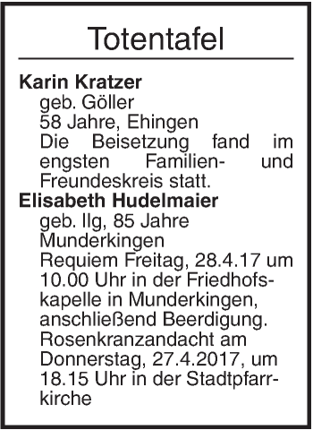 Traueranzeige von Totentafel vom 26.04.2017 von Ehinger Tagblatt