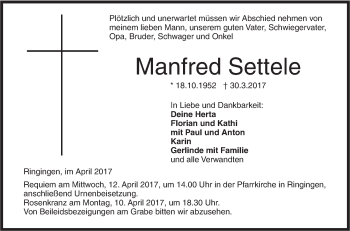 Traueranzeige von Manfred Settele von Südwest Presse