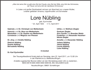 Traueranzeige von Lore Nübling von Südwest Presse