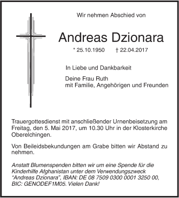 Traueranzeige von Andreas Dzionara von Südwest Presse