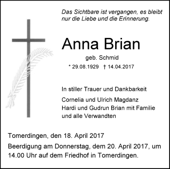 Traueranzeige von Anna Brian von Südwest Presse