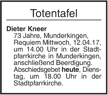 Traueranzeige von Totentafel vom 12.04.2017 von Ehinger Tagblatt