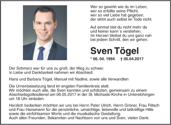 Traueranzeige von Sven Tögel von Südwest Presse