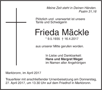 Traueranzeige von Frieda Mäckle von Südwest Presse