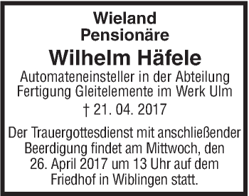 Traueranzeige von Wilhelm Häfele von Südwest Presse