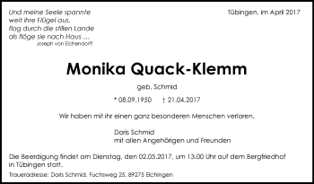 Traueranzeige von Monika Quack-Klemm von Südwest Presse