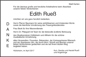 Traueranzeige von Edith Rueß von Südwest Presse