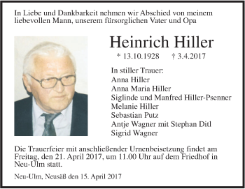 Traueranzeige von Heinrich Hiller von Südwest Presse