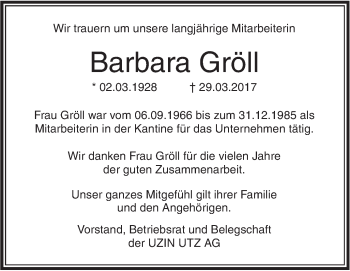 Traueranzeige von Barbara Gröll von Südwest Presse