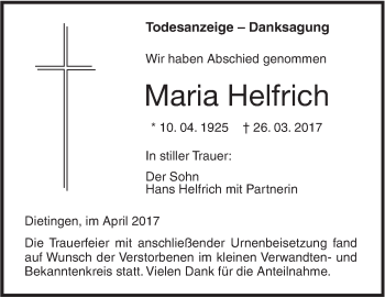 Traueranzeige von Maria Helfrich von Südwest Presse