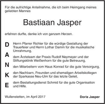 Traueranzeige von Bastiaan Jasper von Südwest Presse