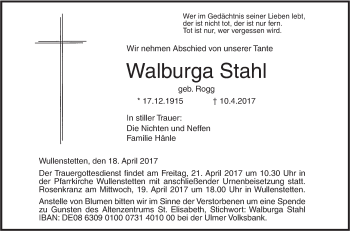 Traueranzeige von Walburga Stahl von Südwest Presse