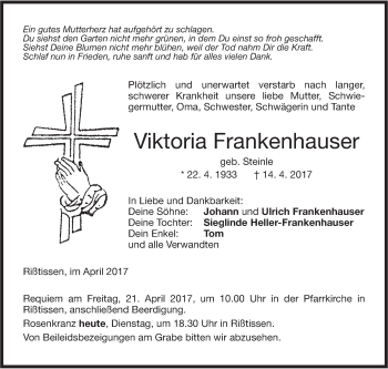 Traueranzeige von Viktoria Frankenhauser von Ehinger Tagblatt