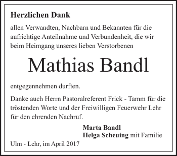 Traueranzeige von Mathias Bandl von Südwest Presse