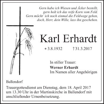 Traueranzeige von Karl Erhardt von Südwest Presse