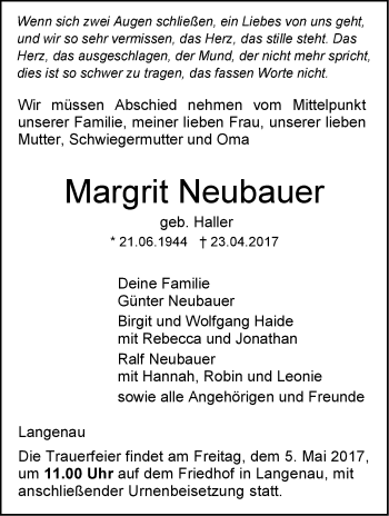 Traueranzeige von Margrit Neubauer von Südwest Presse