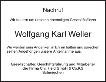 Traueranzeige von Wolfgang Karl Weller von Ehinger Tagblatt