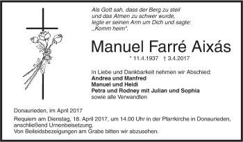 Traueranzeige von Manuel Farré Aixás von Südwest Presse