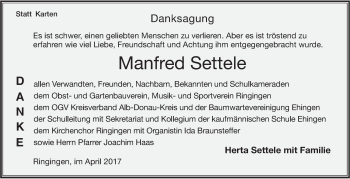 Traueranzeige von Manfred Settele von Südwest Presse