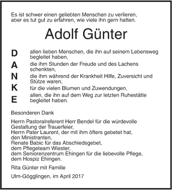 Traueranzeige von Adolf Günter von Südwest Presse