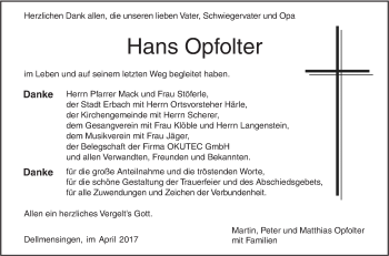 Traueranzeige von Hans Opfolter von Südwest Presse