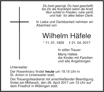 Traueranzeige von Wilhelm Häfele von Südwest Presse