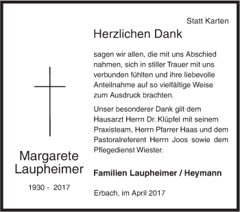 Traueranzeige von Margarete Laupheimer von Südwest Presse