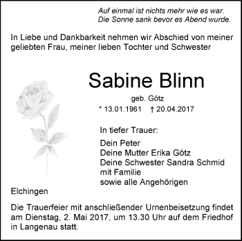 Traueranzeige von Sabine Blinn von Südwest Presse