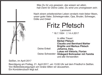 Traueranzeige von Fritz Pfetsch von Südwest Presse