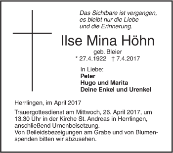 Traueranzeige von Ilse Mina Höhn von Südwest Presse