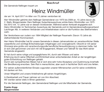 Traueranzeige von Heinz Windmüller von Südwest Presse