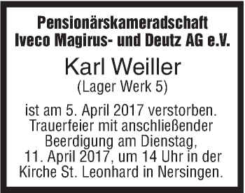 Traueranzeige von Karl Weiller von Südwest Presse