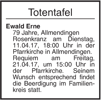 Traueranzeige von Ewald Erne von Ehinger Tagblatt