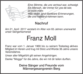 Traueranzeige von Franz Moll von Ehinger Tagblatt