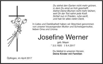 Traueranzeige von Josefine Werner von Ehinger Tagblatt