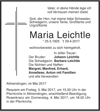 Traueranzeige von Maria Leichtle von Ehinger Tagblatt