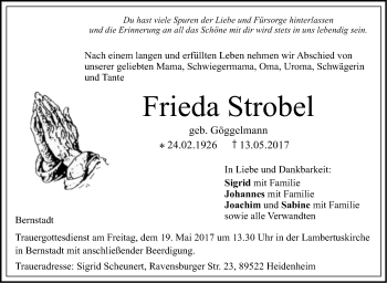 Traueranzeige von Frieda Strobel von Südwest Presse