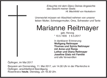 Traueranzeige von Marianne Reitmayer von Ehinger Tagblatt