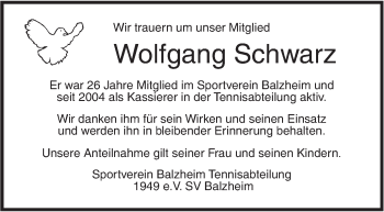 Traueranzeige von Wolfgang Schwarz von Illertal Bote