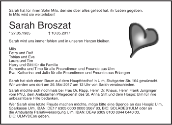 Traueranzeige von Sarah Broszat von Südwest Presse