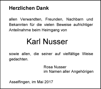 Traueranzeige von Karl Nusser von Südwest Presse