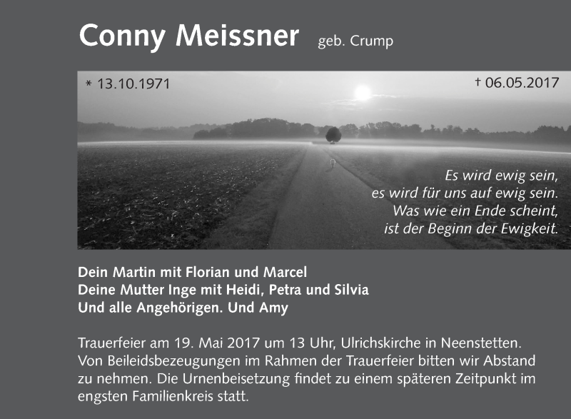  Traueranzeige für Conny Meissner vom 16.05.2017 aus Südwest Presse