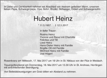 Traueranzeige von Hubert Heinz von Südwest Presse