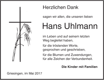 Traueranzeige von Hans Uhlmann von Ehinger Tagblatt