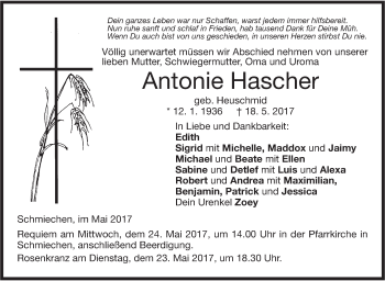 Traueranzeige von Antonie Hascher von Ehinger Tagblatt