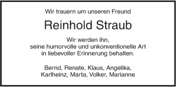 Traueranzeige von Reinhold Straub von Südwest Presse