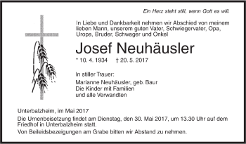 Traueranzeige von Josef Neuhäusler von Illertal Bote