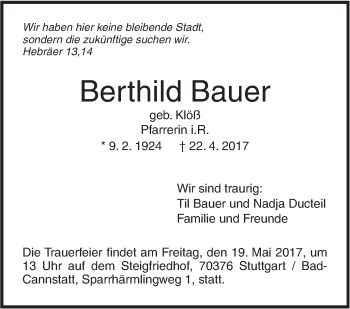 Traueranzeige von Berthild Bauer von Südwest Presse