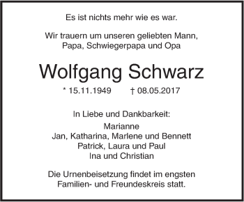 Traueranzeige von Wolfgang Schwarz von Illertal Bote