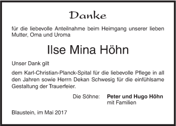 Traueranzeige von Ilse Mina Höhn von Südwest Presse